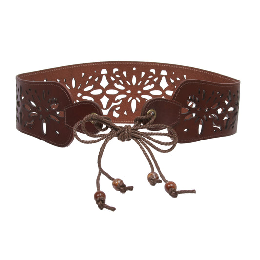 Leather Corset Belt with Floral Cutout - Lace-Up Front or Back Styling