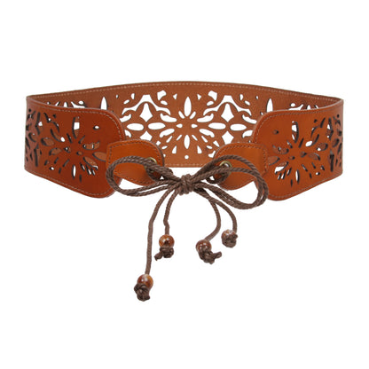 Leather Corset Belt with Floral Cutout - Lace-Up Front or Back Styling