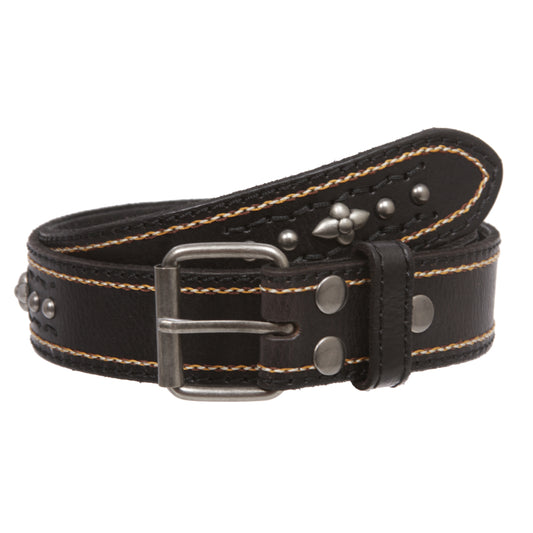 Full Grain Leather Studded Roller Buckle Belt - 1.5" Wide Snap-On