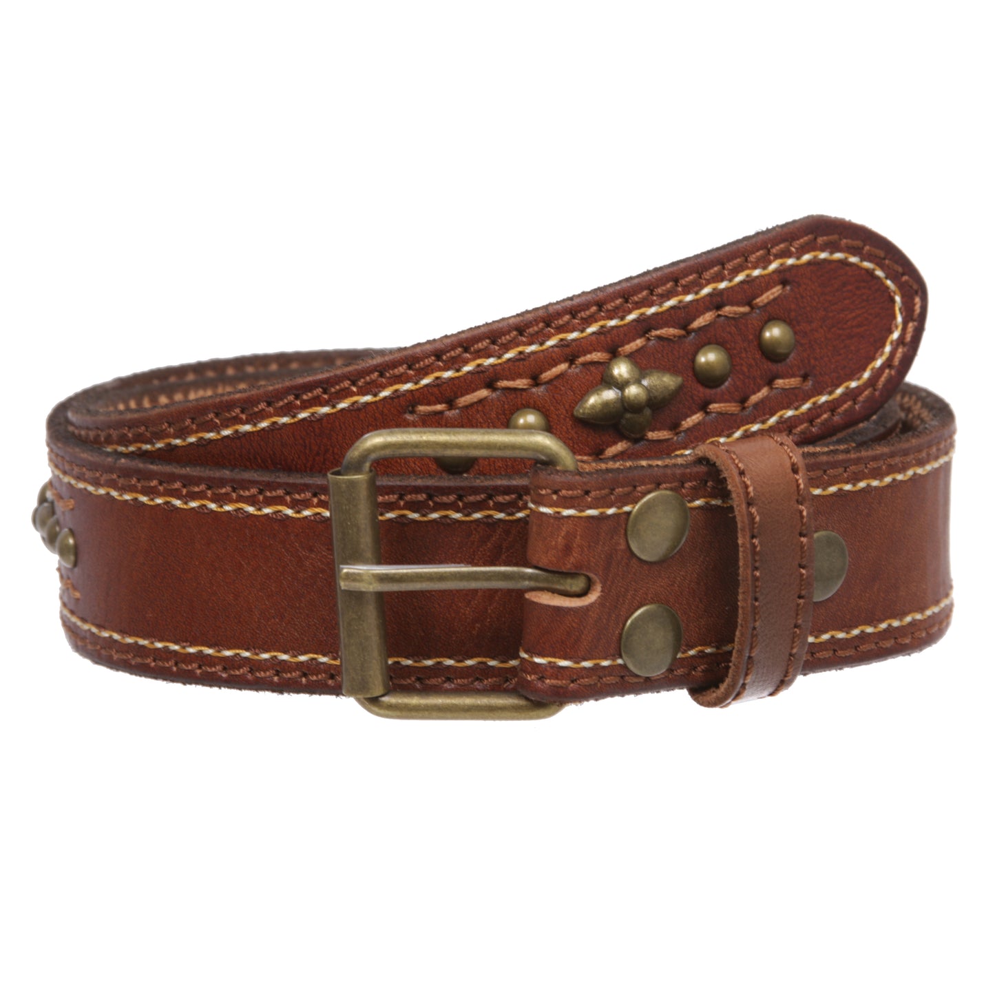 Full Grain Leather Studded Roller Buckle Belt - 1.5" Wide Snap-On