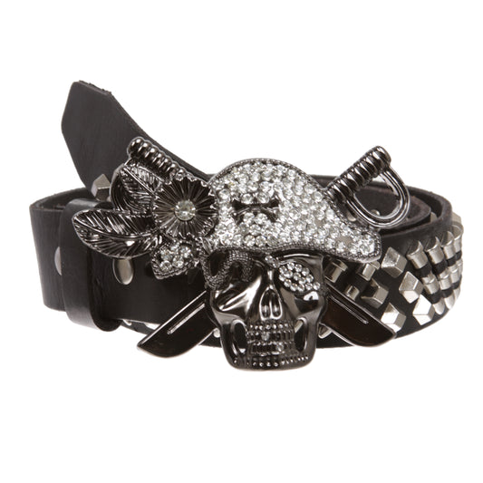 Men‘s Skull Pirate Buckle Belt - Solid Cowhide Leather with Synthetic Bullet Studs & Removable Buckle