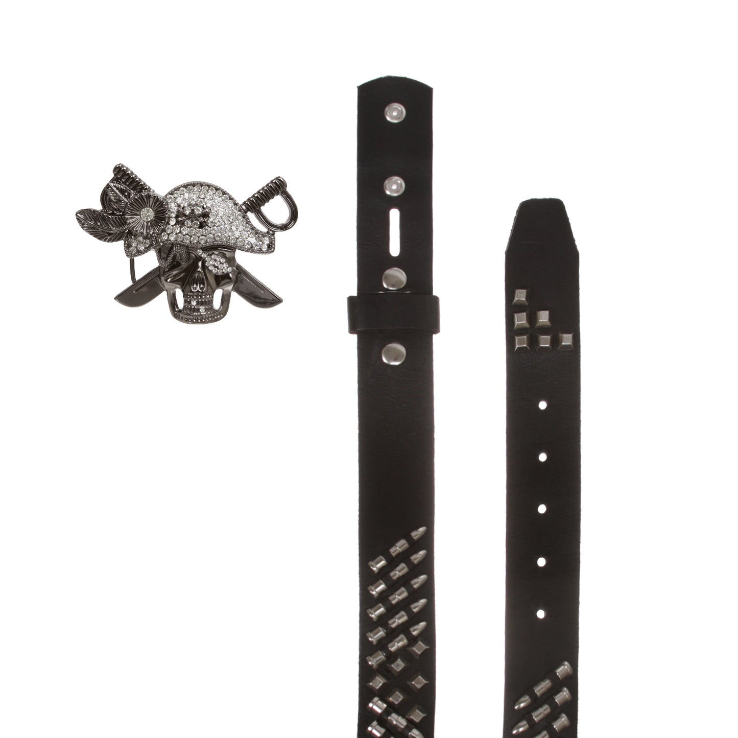 Men‘s Skull Pirate Buckle Belt - Solid Cowhide Leather with Synthetic Bullet Studs & Removable Buckle