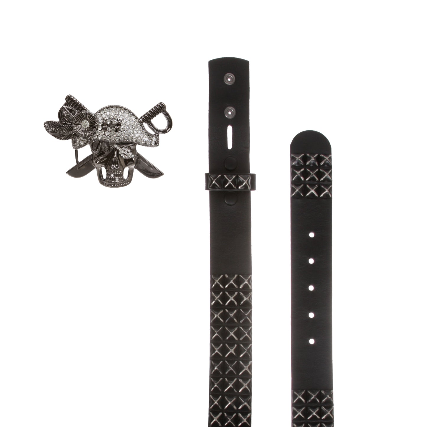 Men’s Pirate Skull Buckle Cowhide Leather Belt with 3-Row Distressed Pyramid Studs