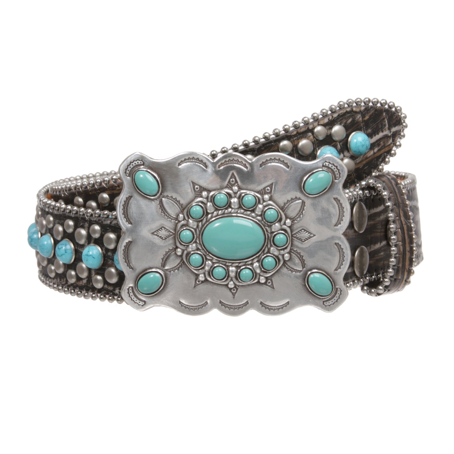 Western Concho Belt with Turquoise Stones and Removable Buckle - 1 1/2" Wide