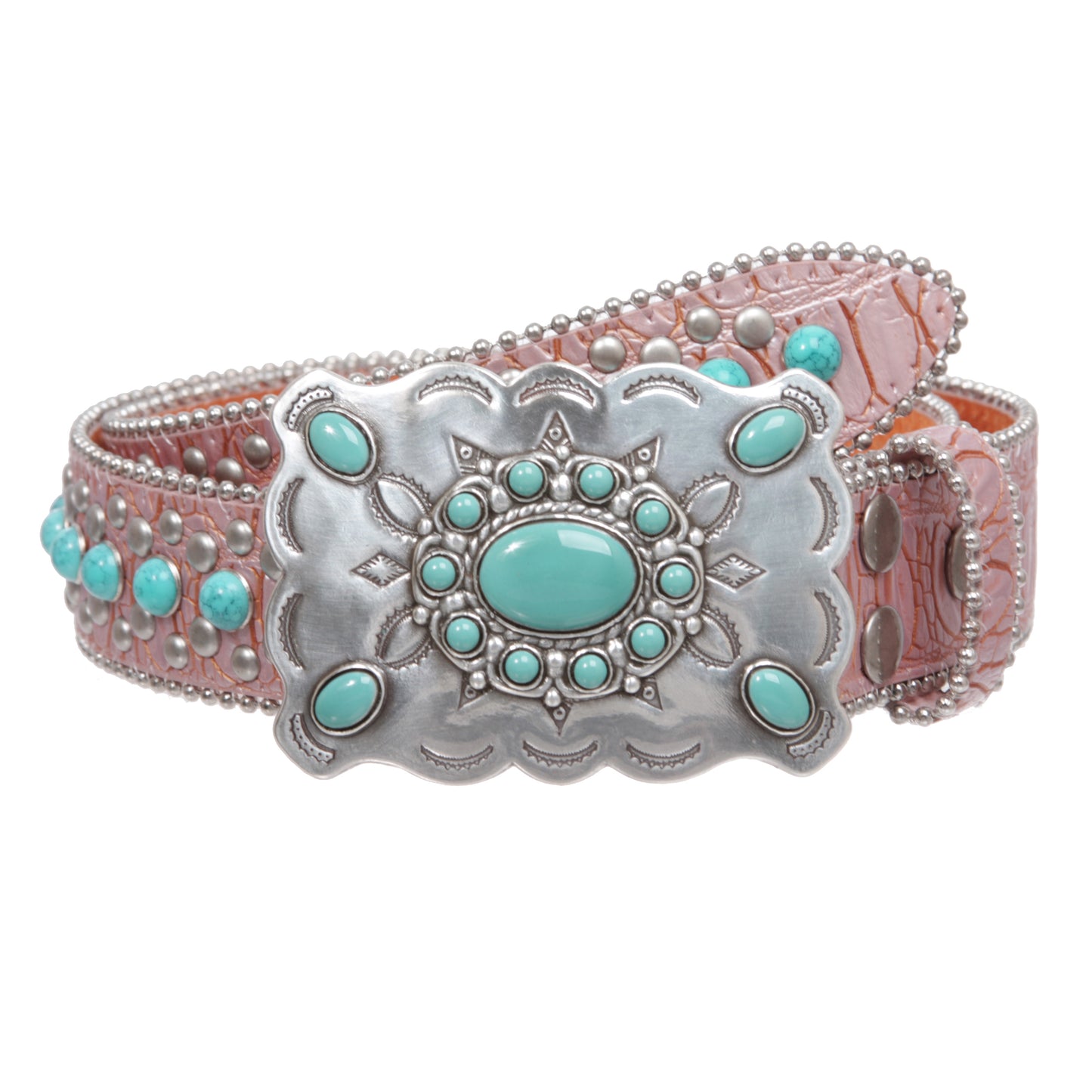Western Concho Belt with Turquoise Stones and Removable Buckle - 1 1/2" Wide