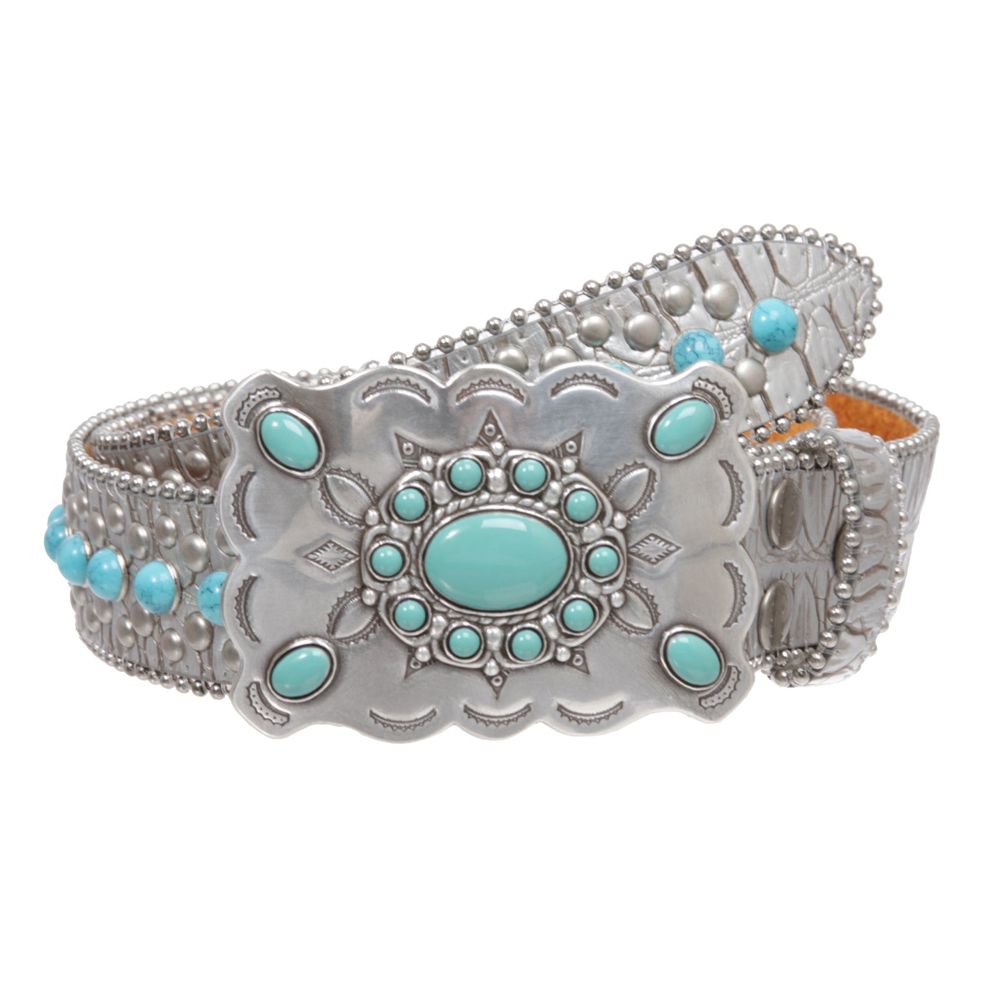 Western Concho Belt with Turquoise Stones and Removable Buckle - 1 1/2" Wide