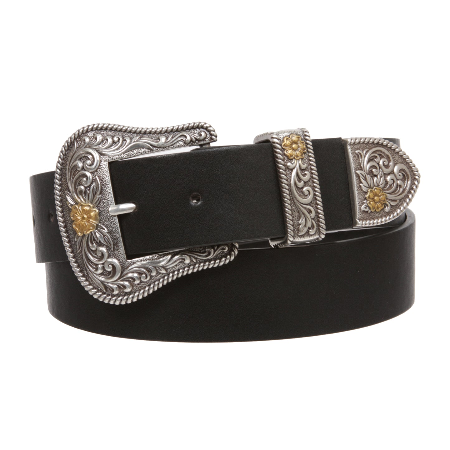 Western Floral Buckle Faux Leather Belt - 1 1/2" Wide, Two-Tone Silver & Gold Buckle Set