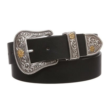 Western Floral Buckle Faux Leather Belt - 1 1/2" Wide, Two-Tone Silver & Gold Buckle Set
