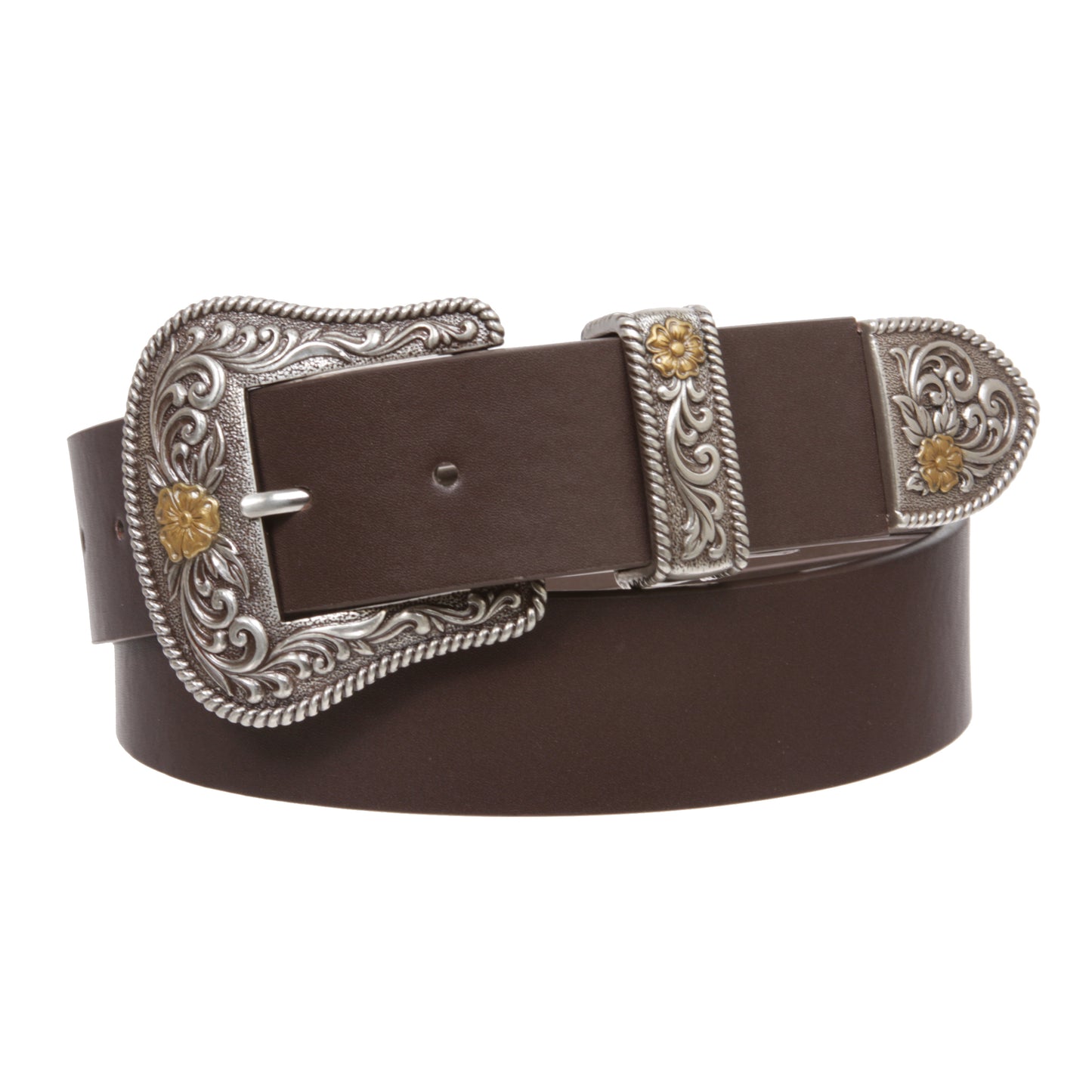 Western Floral Buckle Faux Leather Belt - 1 1/2" Wide, Two-Tone Silver & Gold Buckle Set