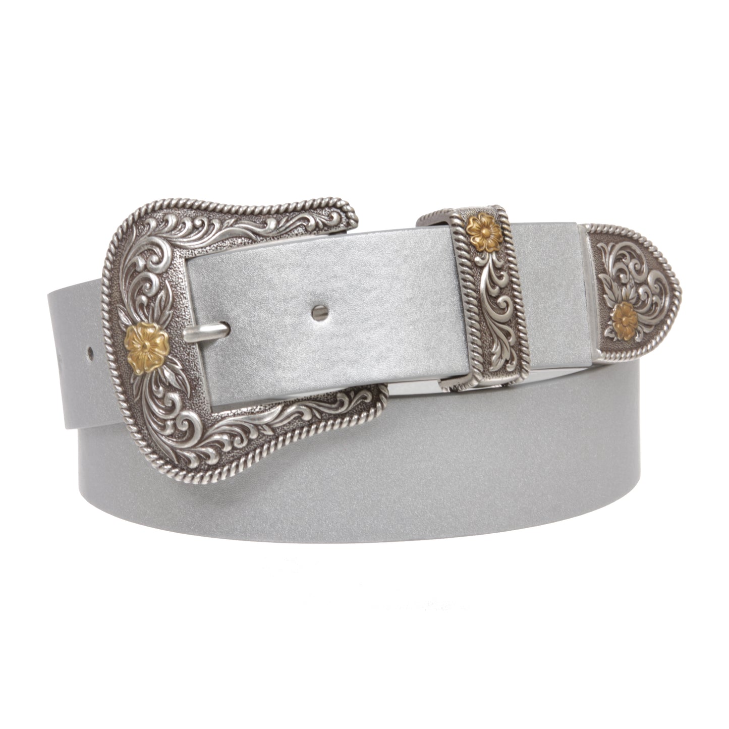 Western Floral Buckle Faux Leather Belt - 1 1/2" Wide, Two-Tone Silver & Gold Buckle Set