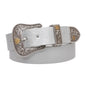 Western Floral Buckle Faux Leather Belt - 1 1/2" Wide, Two-Tone Silver & Gold Buckle Set