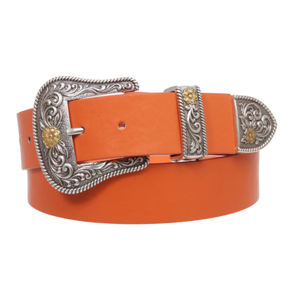 Western Floral Buckle Faux Leather Belt - 1 1/2" Wide, Two-Tone Silver & Gold Buckle Set