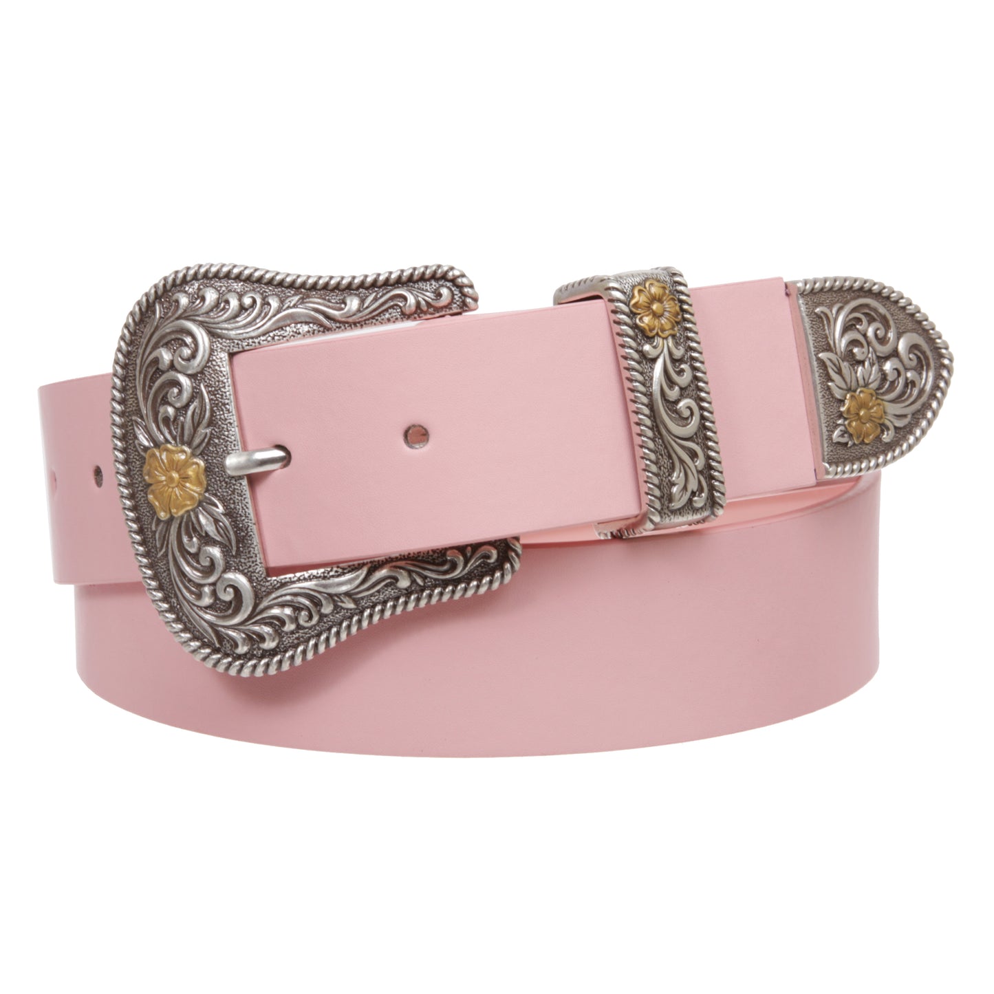 Western Floral Buckle Faux Leather Belt - 1 1/2" Wide, Two-Tone Silver & Gold Buckle Set