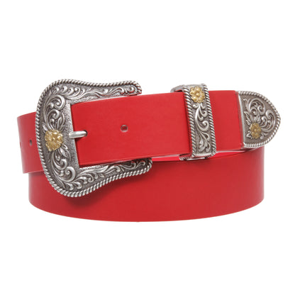 Western Floral Buckle Faux Leather Belt - 1 1/2" Wide, Two-Tone Silver & Gold Buckle Set