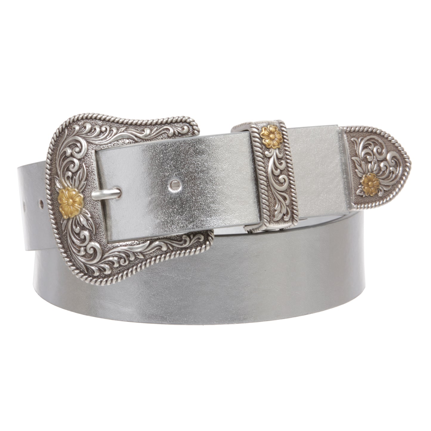 Western Floral Buckle Faux Leather Belt - 1 1/2" Wide, Two-Tone Silver & Gold Buckle Set