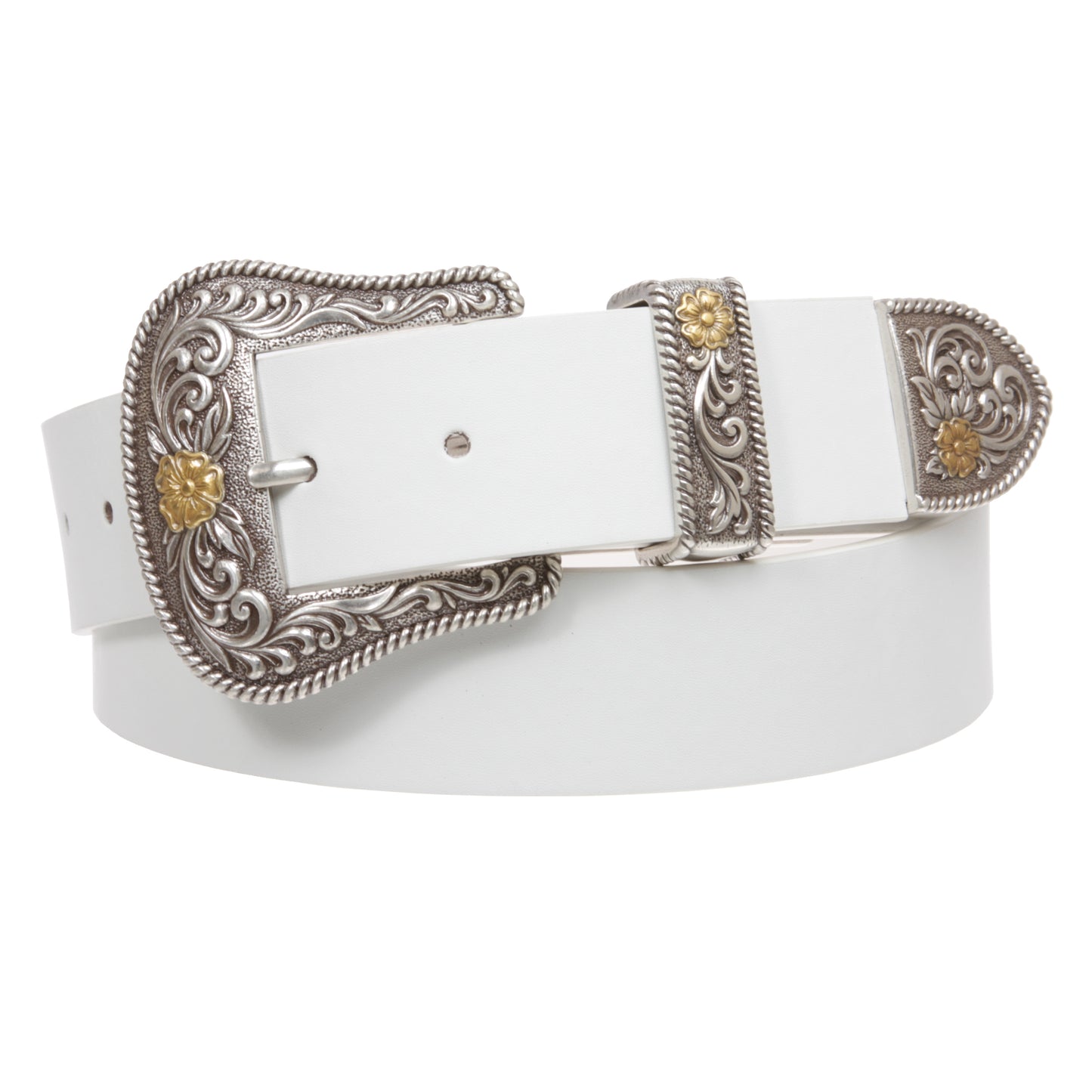 Western Floral Buckle Faux Leather Belt - 1 1/2" Wide, Two-Tone Silver & Gold Buckle Set
