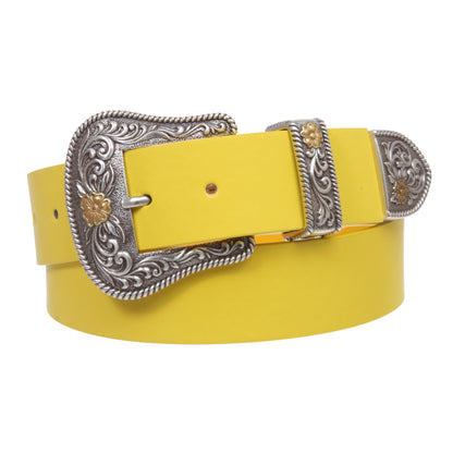 Western Floral Buckle Faux Leather Belt - 1 1/2" Wide, Two-Tone Silver & Gold Buckle Set