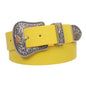 Western Floral Buckle Faux Leather Belt - 1 1/2" Wide, Two-Tone Silver & Gold Buckle Set