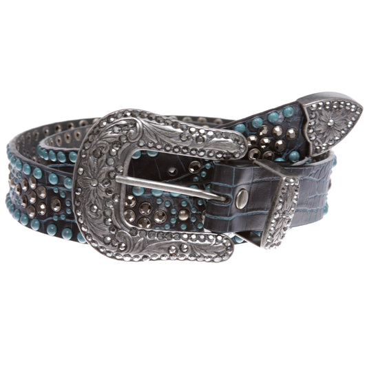 Western Croco Print Rhinestone & Turquoise Studded Leather Belt