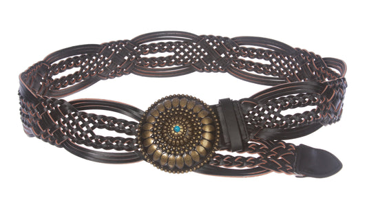 2" (50 mm) Genuine Leather Braided Woven Belt With Round Turquoise Stone Buckle