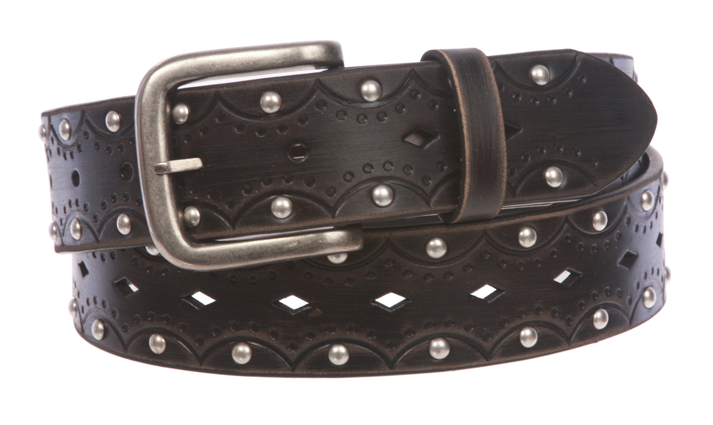 1 1/2" Snap on Perforated Vintage Embossed Studded Jean Belt