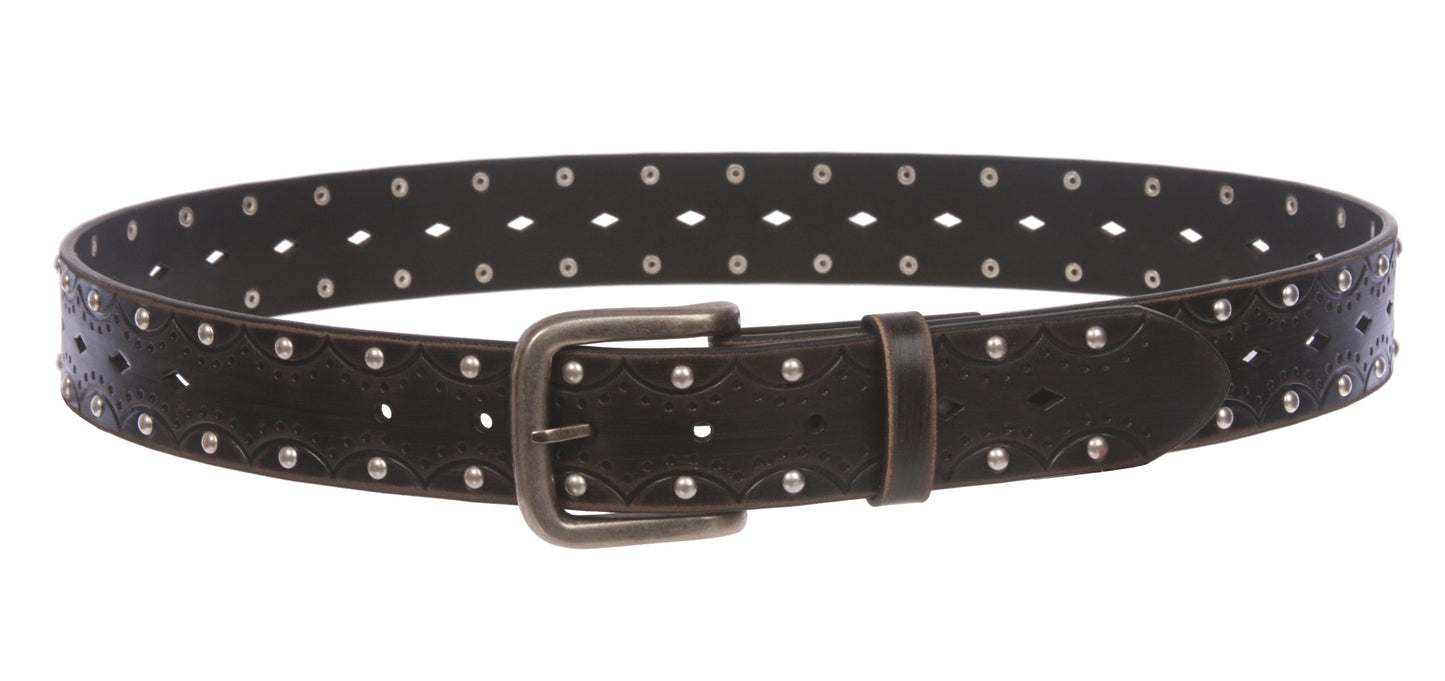 1 1/2" Snap on Perforated Vintage Embossed Studded Jean Belt