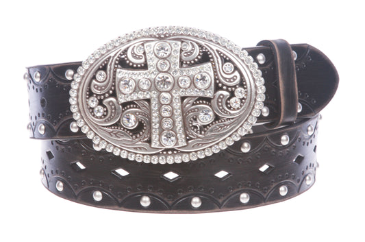 Studded Perforated Embossed Leather Belt With Rhinestone Bling Cross Buckle