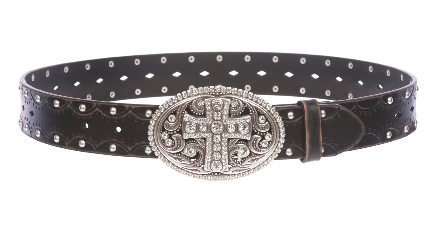 Studded Perforated Embossed Leather Belt With Rhinestone Bling Cross Buckle