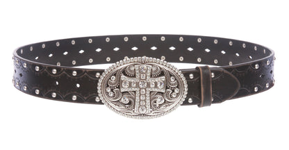 Studded Perforated Embossed Leather Belt With Rhinestone Bling Cross Buckle