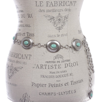 Women's Western Turquoise Stone Silver Oval Concho Chain Belt