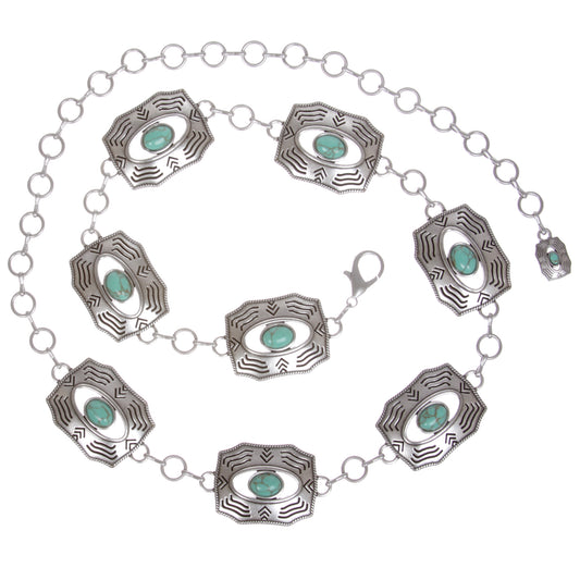 Women's Western Turquoise Stone Perforated Concho Silver Chain Belt