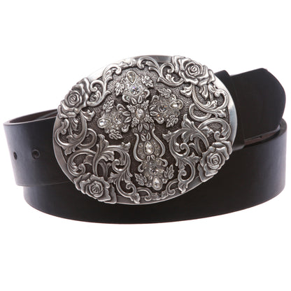 Western Antiqued Silver Cross & Rose Filigree Rhinestones Oval Belt