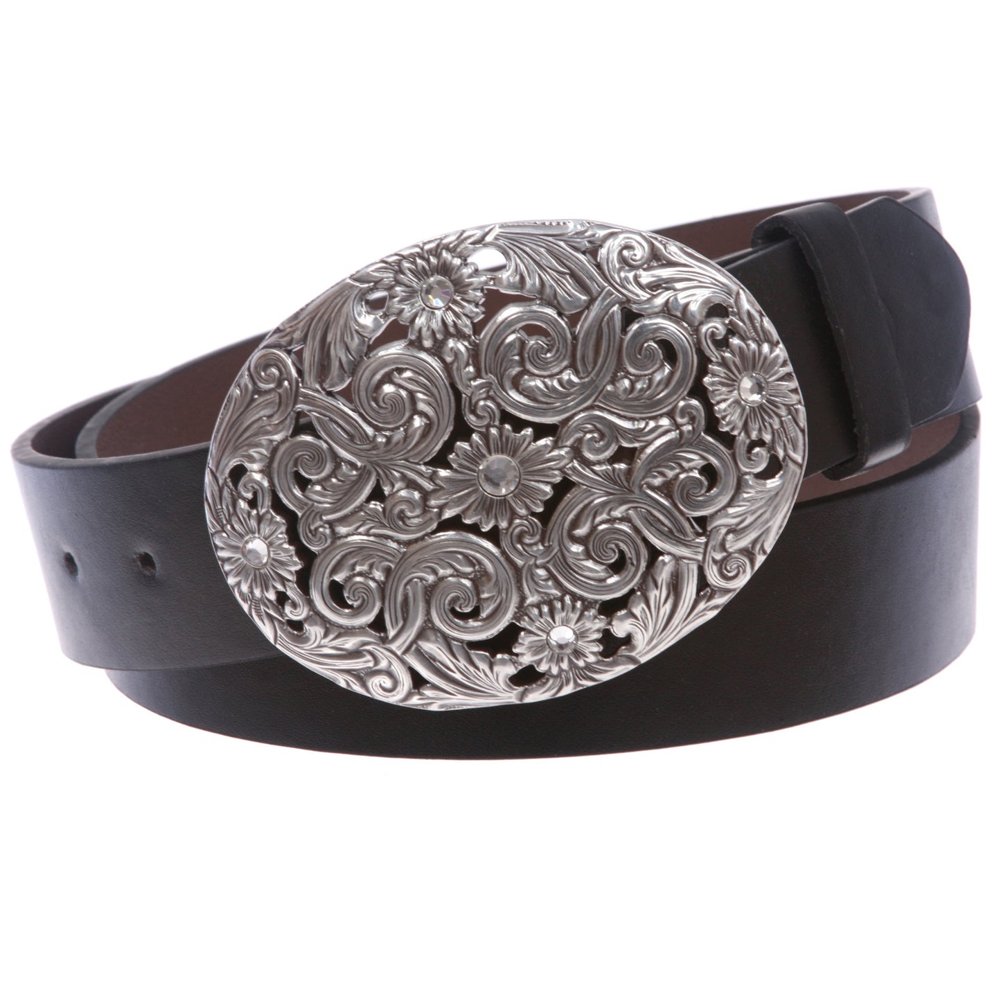 Western Antiqued Silver Sunflower Filigree Rhinestones Oval Belt