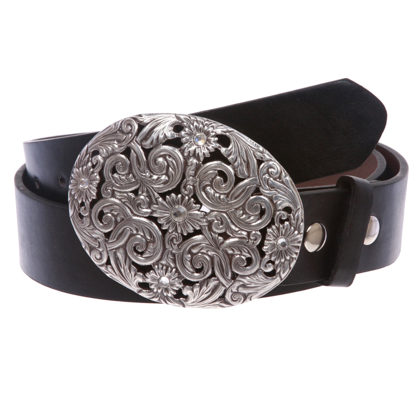 Western Antiqued Silver Sunflower Filigree Rhinestones Oval Belt