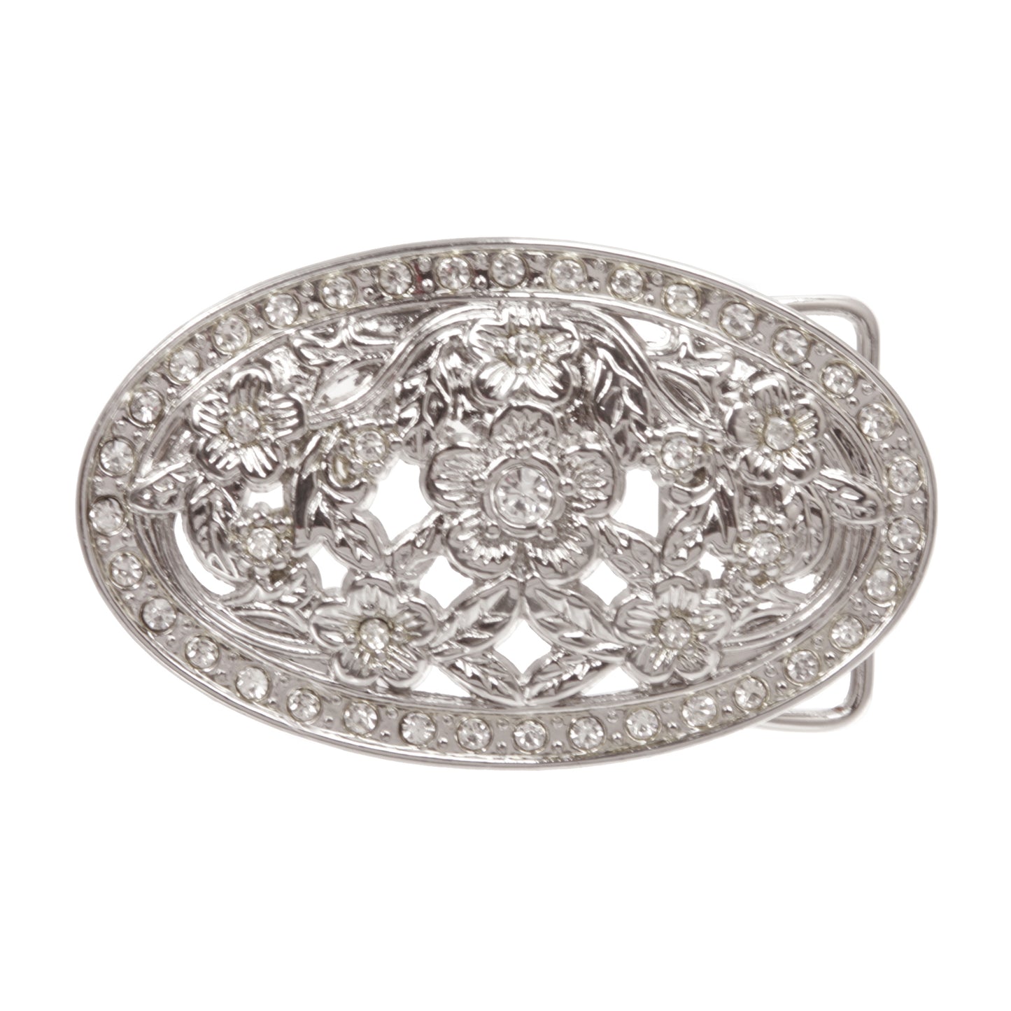 1 1/2" Antique Silver Brass Oval Perforated Engraved Crystal Rhinestone Western Floral Belt Buckle