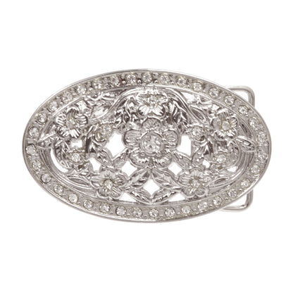 1 1/2" Antique Silver Brass Oval Perforated Engraved Crystal Rhinestone Western Floral Belt Buckle