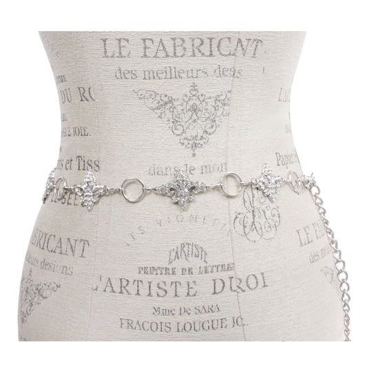 Ladies Rhinestone Fleur De Lis Metal Chain Belt