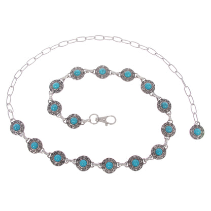 Women's Skinny Western Turquoise Stone Blue Concho Chain Belt