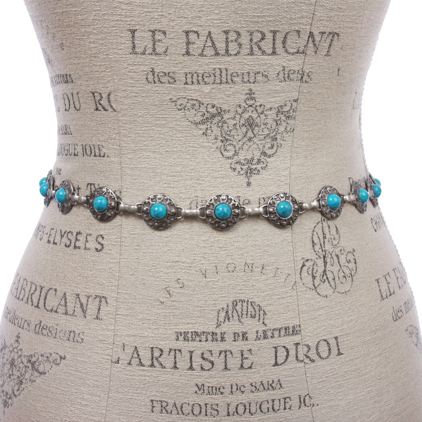 Women's Skinny Western Turquoise Stone Blue Concho Chain Belt