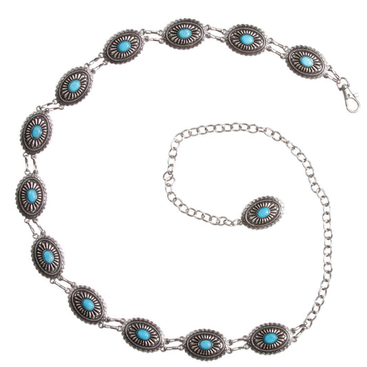 Women's Western Oval Turquoise Stone Concho Skinny Chain Belt