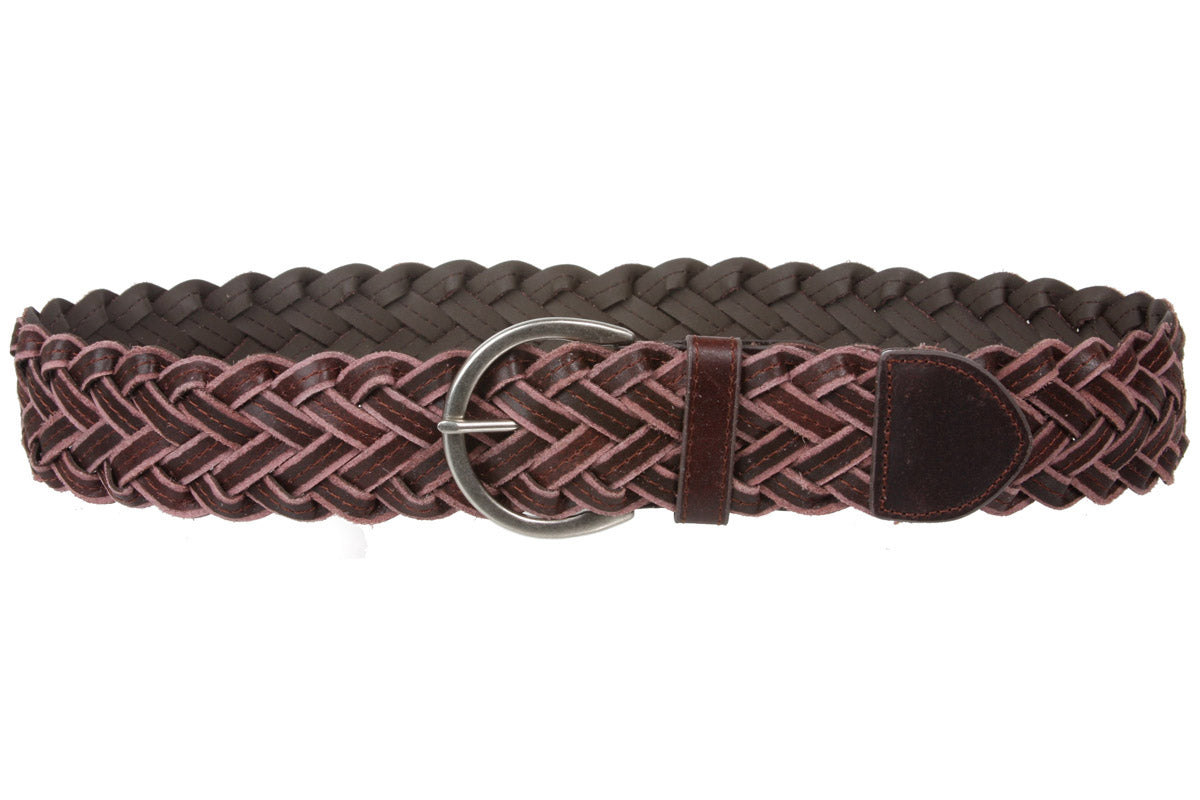 Womens 2" (50 mm) Round Braided Woven Vintage Distressed Leather Belt