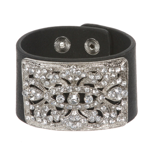 1 3/4" (4.5 cm) Rhinestone Black Leather Wristband Bracelet