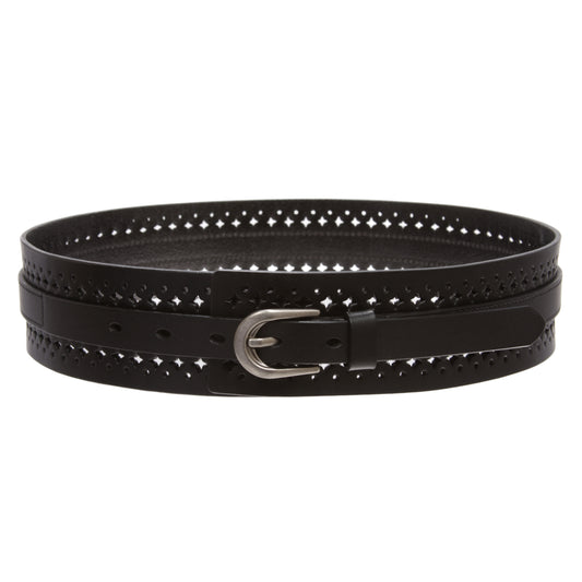 Women‘s Vintage Cowhide Leather Cutout Waist Belt with Skinny 3/4" Strap - 2 1/4" Wide