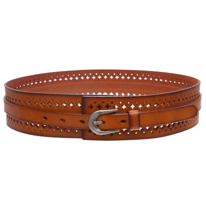 Women‘s Vintage Cowhide Leather Cutout Waist Belt with Skinny 3/4" Strap - 2 1/4" Wide