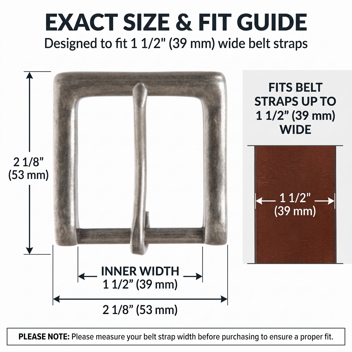 1 1/2" (38 mm) Nickel Free Single Prong Square Belt Buckle