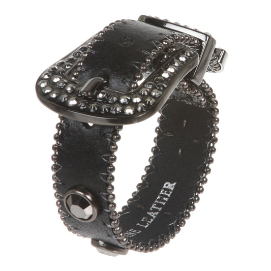 Western Hematite Rhinestone Studded Metal Ball Chain Leather Cuff Bracelet