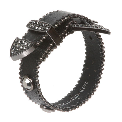 Western Hematite Rhinestone Studded Metal Ball Chain Leather Cuff Bracelet