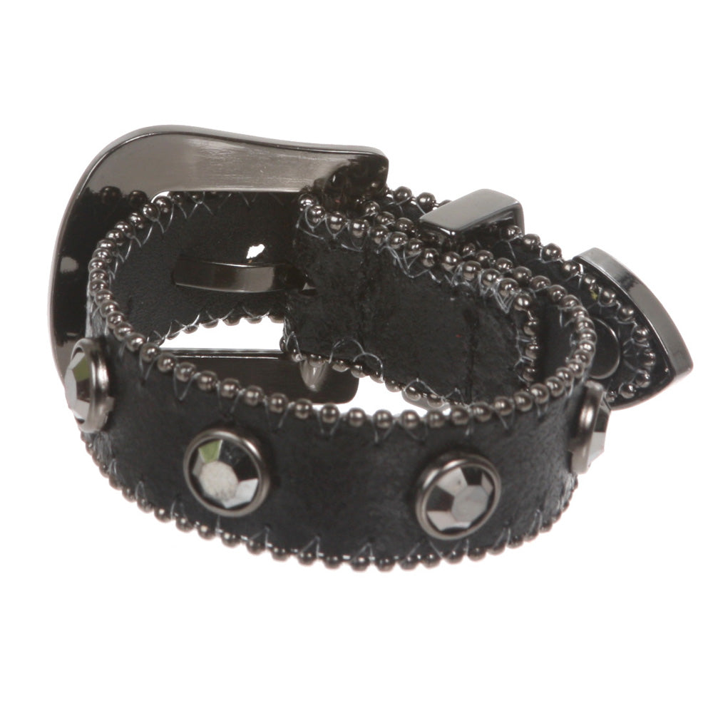 Western Hematite Rhinestone Studded Metal Ball Chain Leather Cuff Bracelet