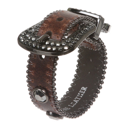 Western Hematite Rhinestone Studded Metal Ball Chain Leather Cuff Bracelet