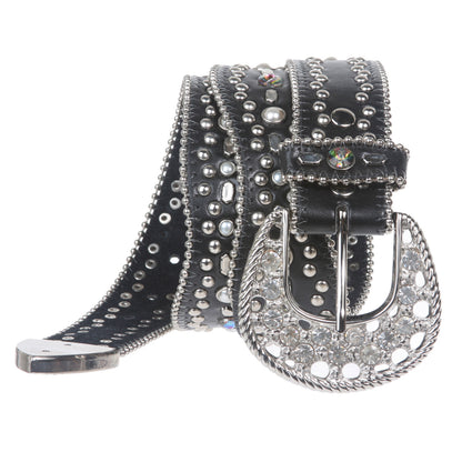 Snap On Western Rhinestone Leather Studded Belt